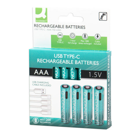 Q-CONNECT Batterie Akku/USB-C, HR03/AAA/Micro, NiMH 500mAh, 4 Stück
