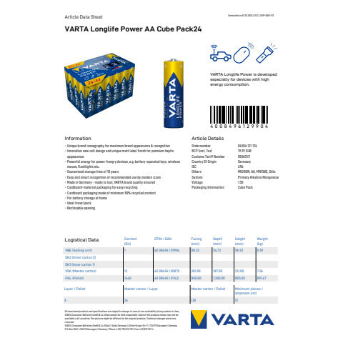 VARTA Batterie Longlife Power Cube Pack, LR6/AA/Mignon, 24 Stück