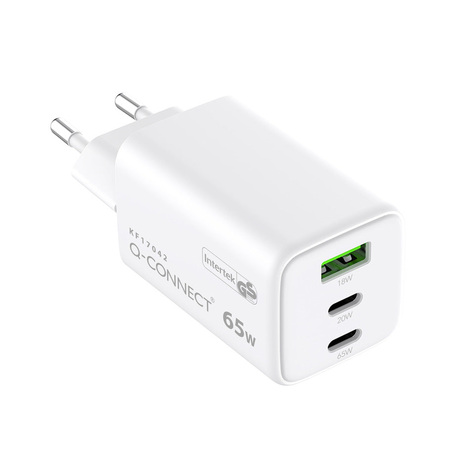 Q-CONNECT GaN-Ladegerät 65W, 1 x USB-A und 2x USB-C, weiß