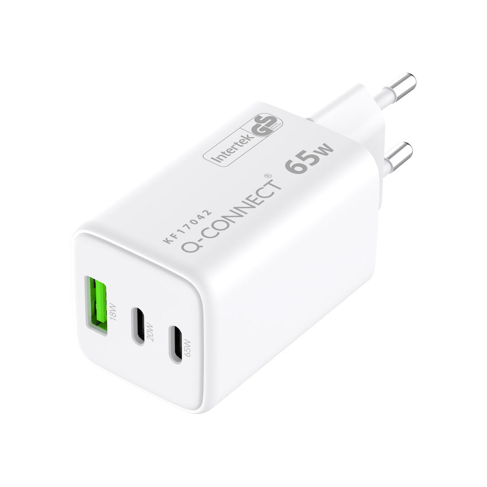 Q-CONNECT GaN-Ladegerät 65W, 1 x USB-A und 2x USB-C, weiß