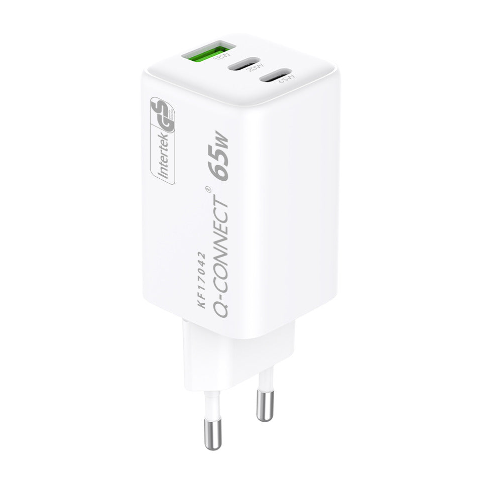 Q-CONNECT GaN-Ladegerät 65W, 1 x USB-A und 2x USB-C, weiß