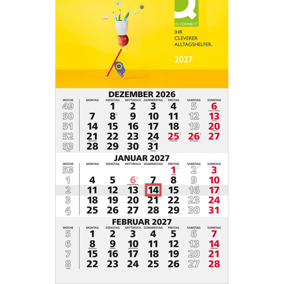 3-Monats-Wandkalender 2027, 30 x 48,5 cm, 1S/3M Q-CONNECT 220099