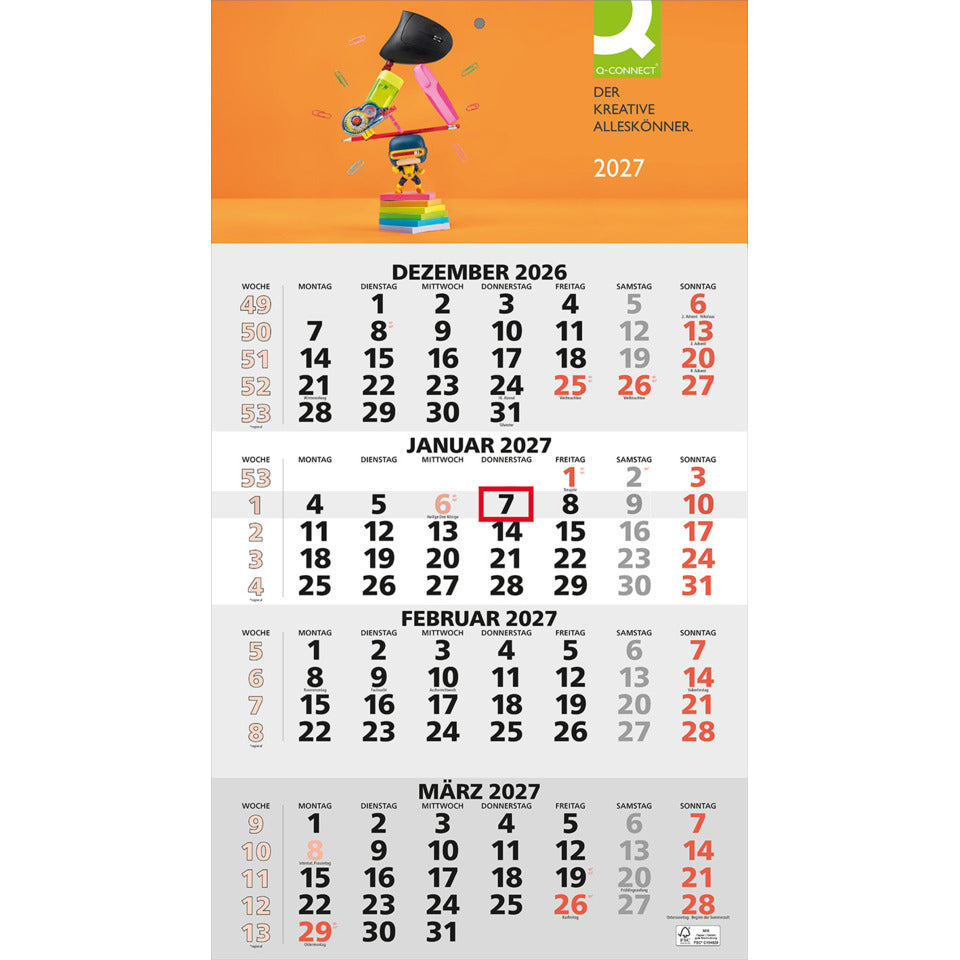 4-Monats-Wandkalender, 30 x 55,5 cm, 4M/1S Q-CONNECT 219999
