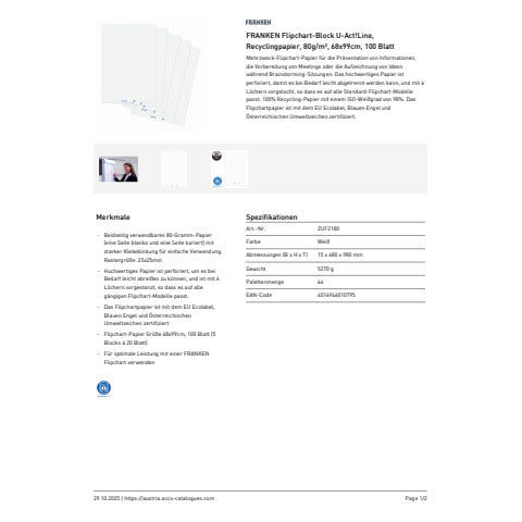 FRANKEN Flipchartblock U-Act!Line®, blanko/kariert, 680 x 990 mm, Recyclingpapier, 20 Blatt, weiß