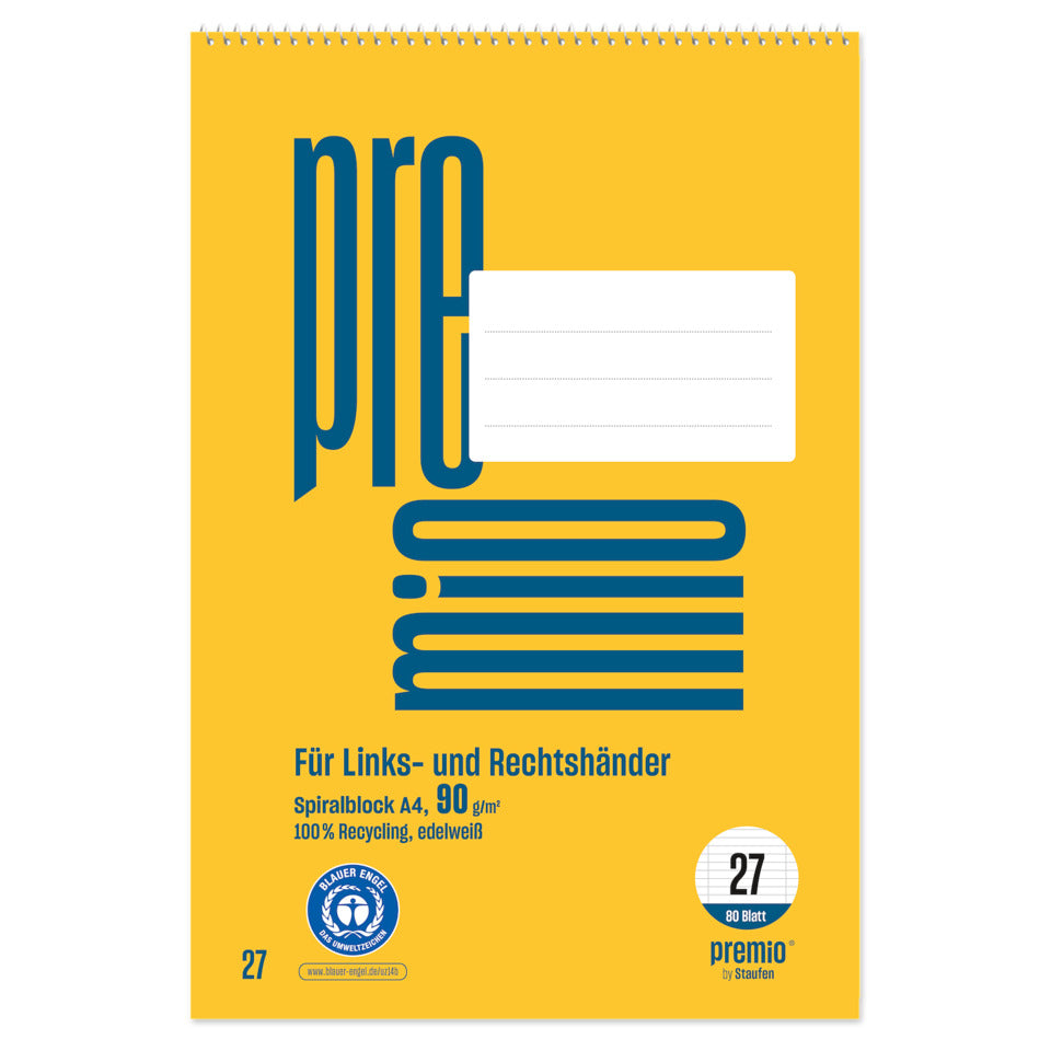 Spiralblock A4 80 Blatt Lin27 9mm liniert 90g, 100% Recycling PREMIO 040842027