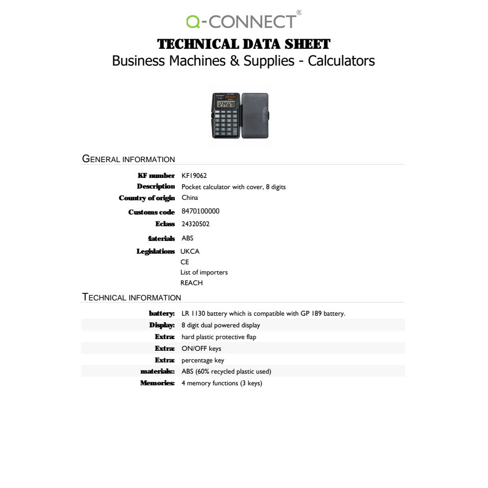 Taschenrechner mit Deckel, 8-stellig, schwarz Q-CONNECT KF19062