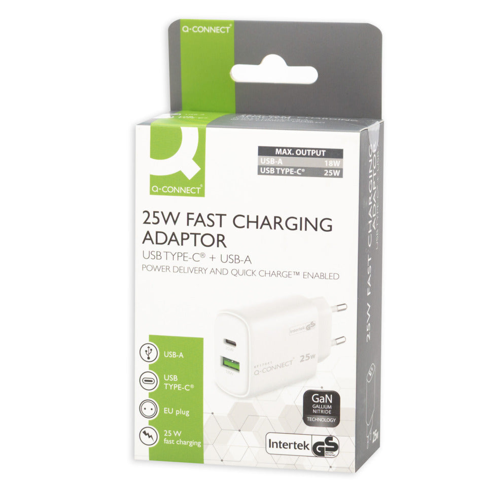 Q-CONNECT GaN-Ladegerät 25W, 1x USB-A und 1x USB-c, weiß