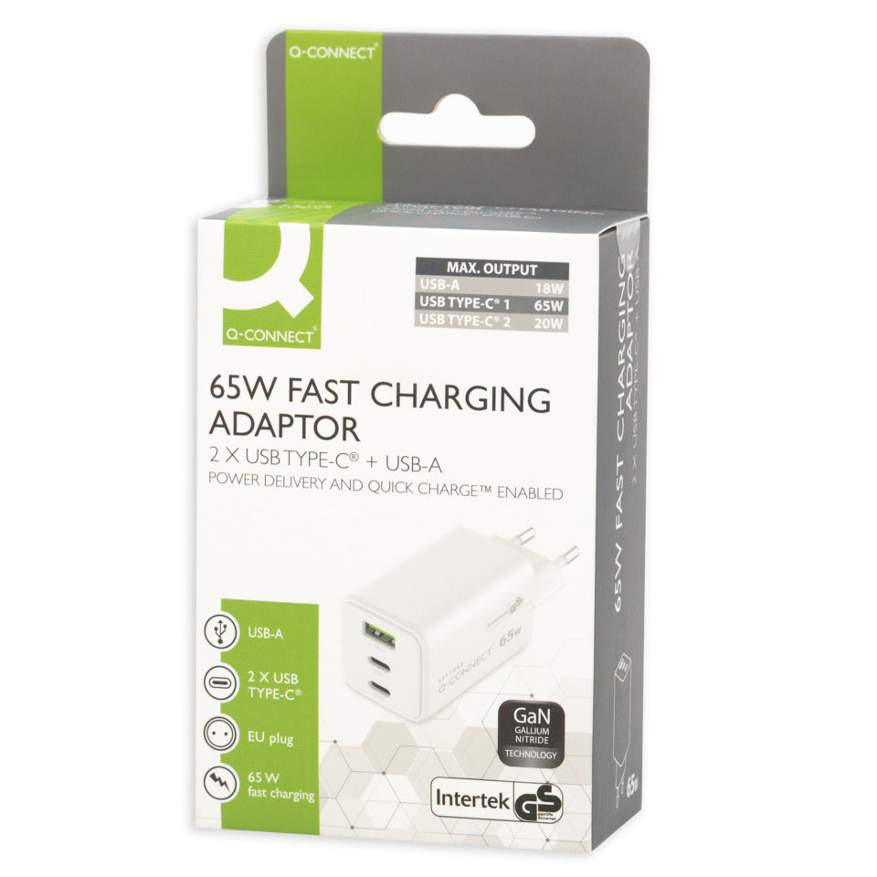 Q-CONNECT GaN-Ladegerät 65W, 1 x USB-A und 2x USB-C, weiß
