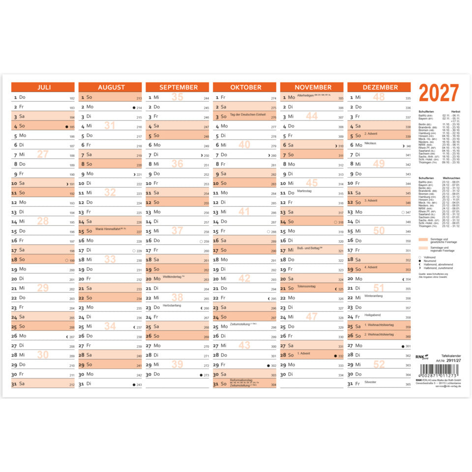 Wandkalender 2027, A5 quer, 250g/m², 6M/1S RNK 2911/27
