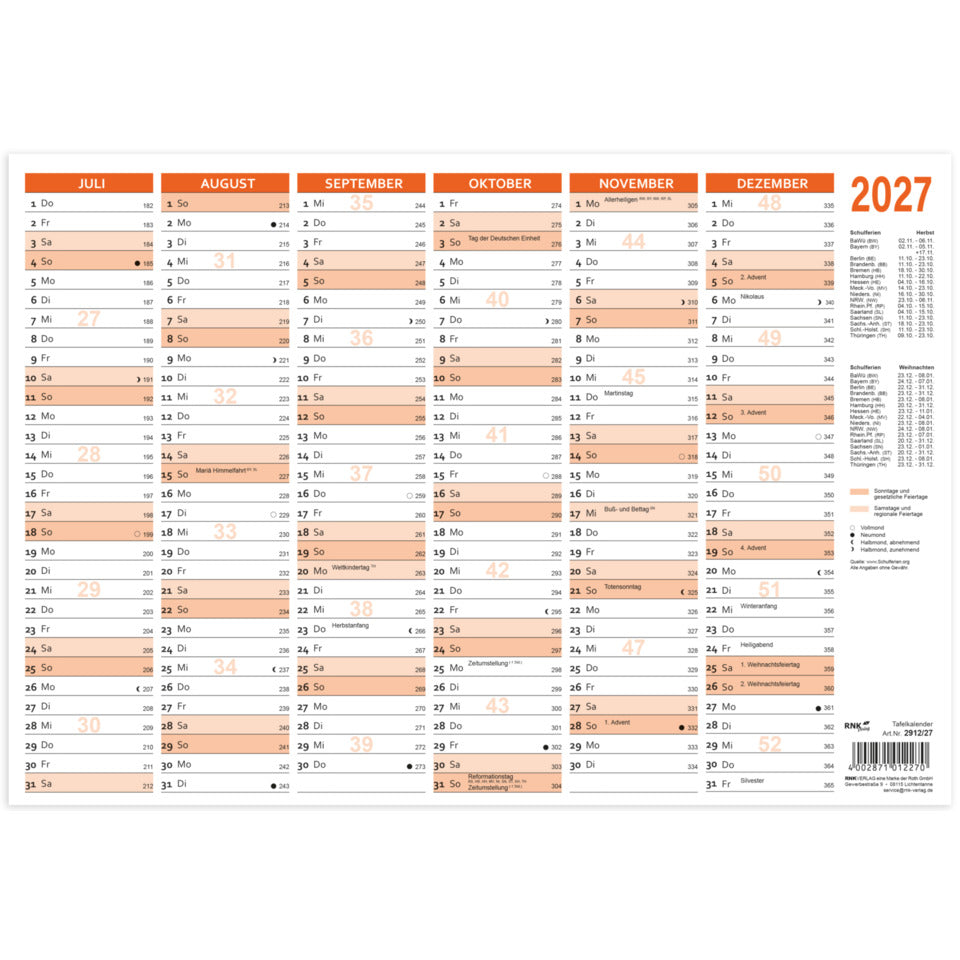 Wandkalender 2027, A4 quer, 250g/m², 6M/1S RNK 2912/27