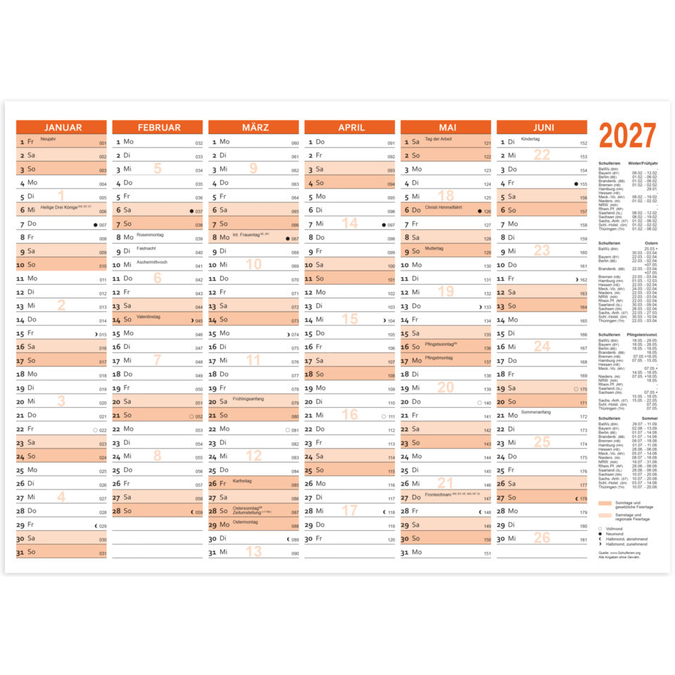 Wandkalender 2027, A4 quer, 250g/m², 6M/1S RNK 2912/27