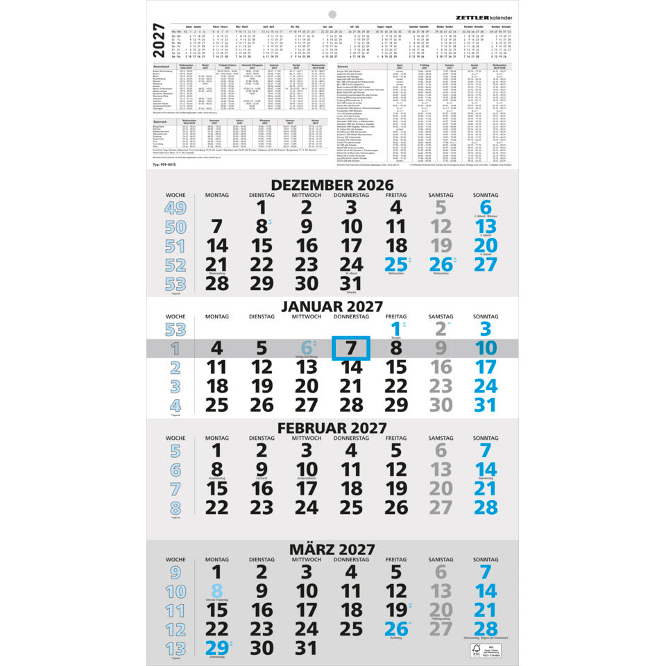 4-Monats-Wandkalender 2027, 33 x 59 cm, 4M/1S, blau ZETTLER 150300