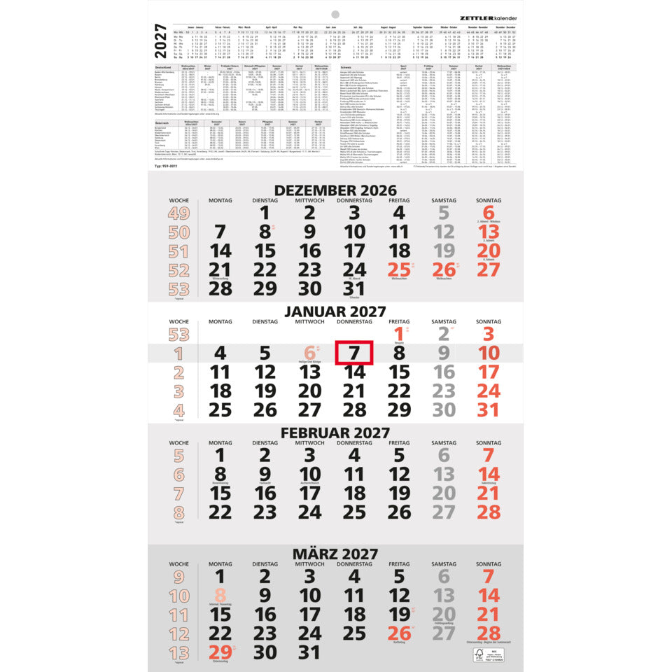 4-Monats-Wandkalender 2027, 33 x 59 cm, 4M/1S, rot ZETTLER 150200