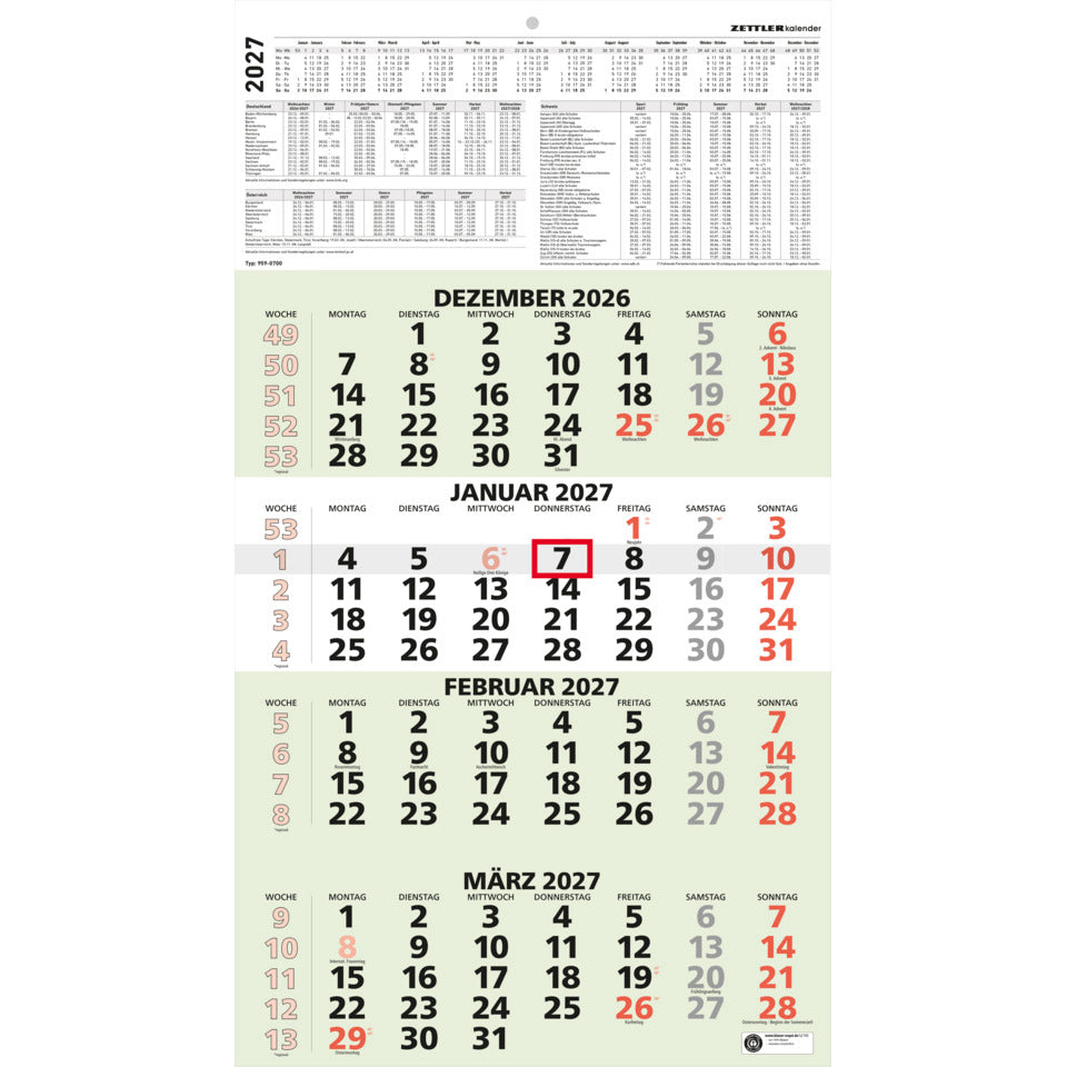 4-Monats-Wandkalender 2027, 33 x 59 cm, 4M/1S, grün ZETTLER 150400