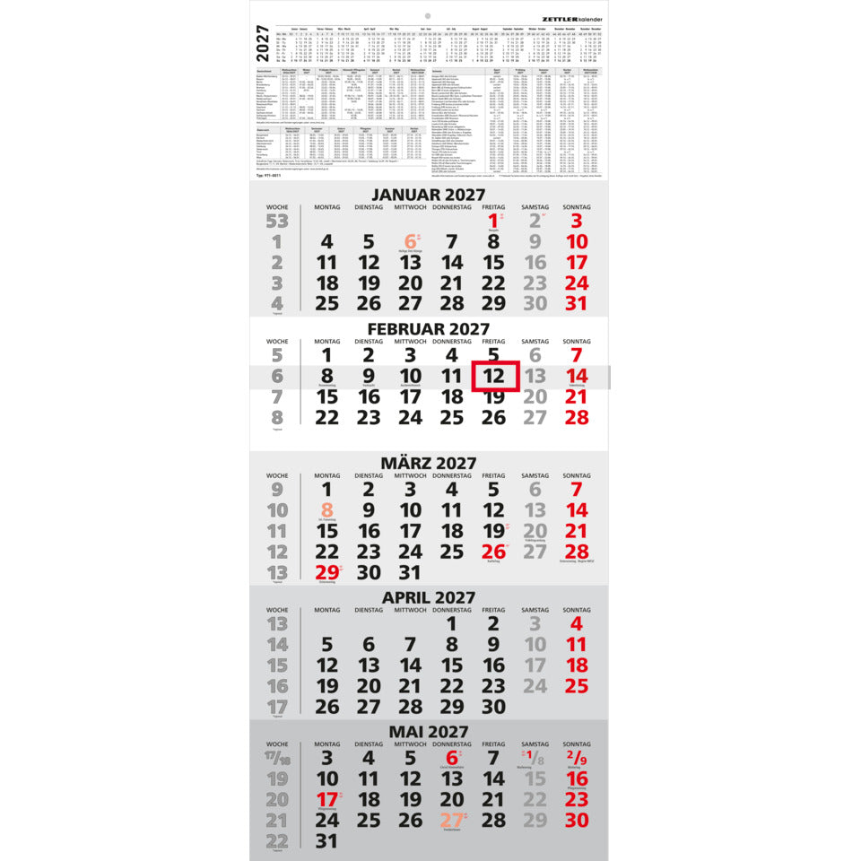 5-Monats-Wandkalender 2027, 30 x 72 cm, 5M/1S ZETTLER 150800