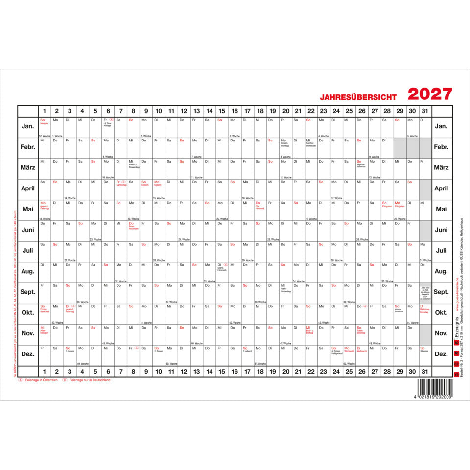 Wandkalender Jahresübersicht 2027, 30 x 20 cm, 12M/1S GÜSS 2
