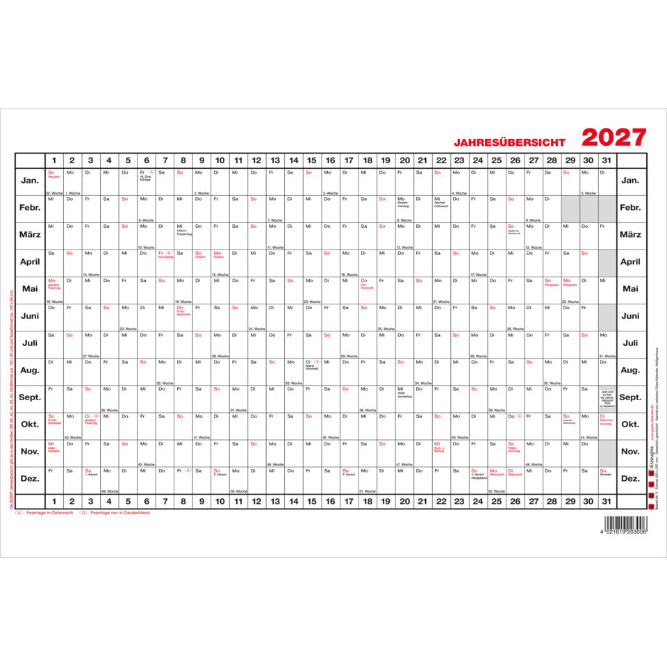 Wandkalender Jahresübersicht 2027, 42 x 30 cm, 1J/1S GÜSS 3V