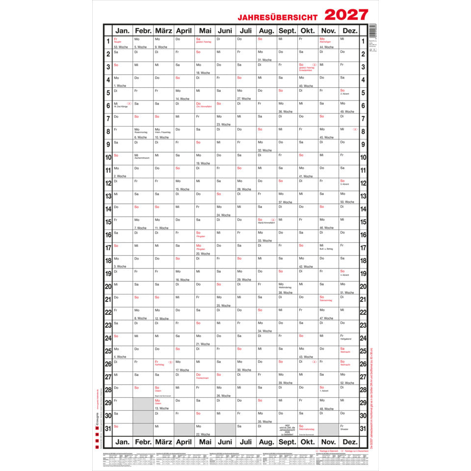 Jahresübersicht 2027, A1 Hoch, 60 cm x 98 cm GÜSS 5AV