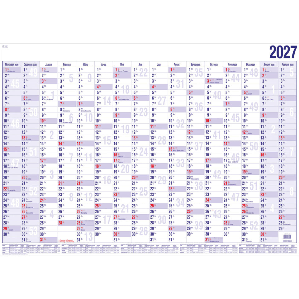 Wandkalender 2027, 99 x 60 cm, 16M/1S GÜSS 17000V