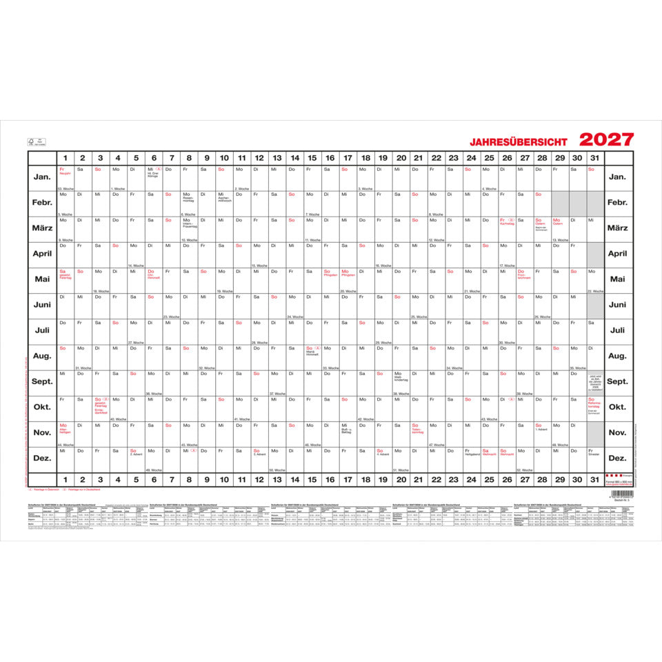 Wandkalender Jahresübersicht 2027, 140 x 84 cm, 1J/1S GÜSS 5-1V