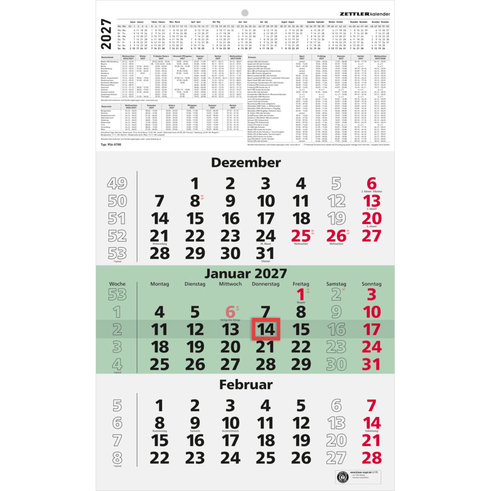 3-Monats-Wandkalender Recycling 2027, 29,5 x 49 cm, 3M/1S ZETTLER 149900