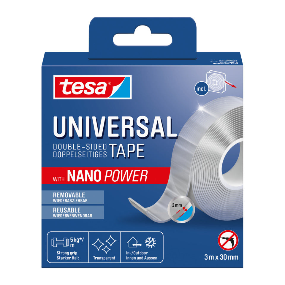 TESA Doppelklebeband Universal Tape, 3 m x 30 mm, 5kg, transparent