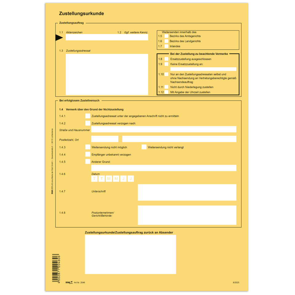 RNK Zustellungsurkunde, 2 Seiten, DIN A4, 80g/qm