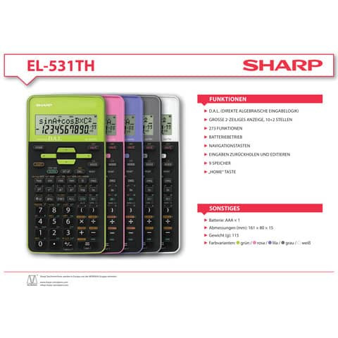 Schulrechner 12-stellig schwarz/weiß SHARP SH-EL531THWH Solar
