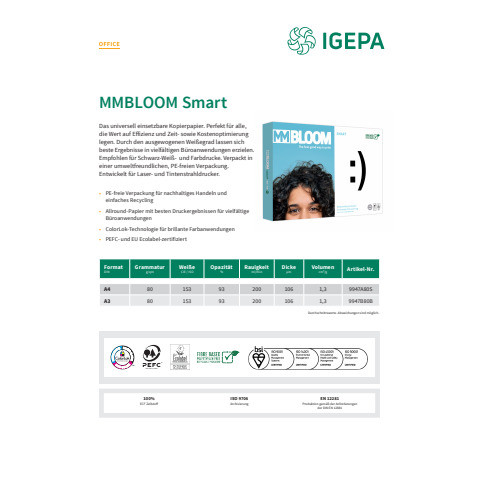 Kopierpapier Smart A3 80g 500BL weiß MM BLOOM 9948B80B
