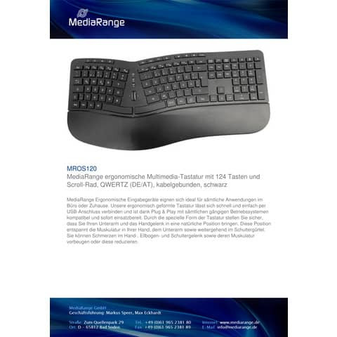 Tastatur mit Kabel +Handgelenkauflage MEDIARANGE MROS120 Ergo