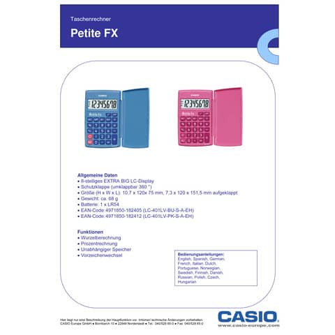 Taschenrechner 8-stellig pink CASIO LC-401LV-PK 75x10,7x120 mm BxHxT