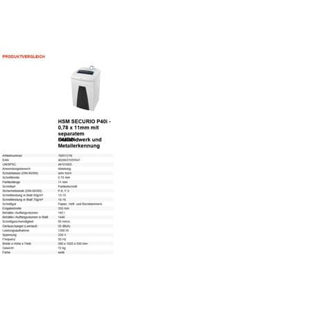 Aktenvernichter Securio P40i weiß HSM 1885121N 0,78x11mm