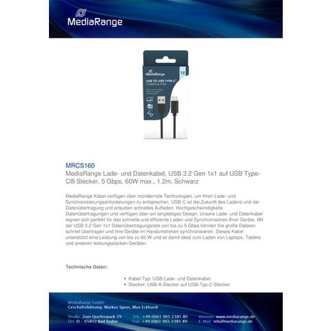 Ladekabel USB 3.0 Typ C schwarz MEDIARANGE MRCS160