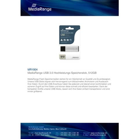 USB Stick 3.0 super speed MEDIARANGE MR1904 512GB