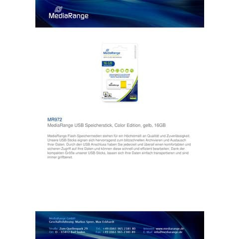 USB Stick 16GB gelb MEDIARANGE MR972 2.0/DT50/16GB