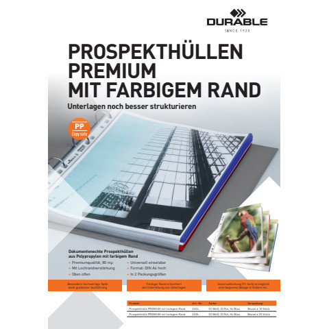 Prospekthülle +Farbrand 10ST PP/A4 rot DURABLE 2654 03 Premium