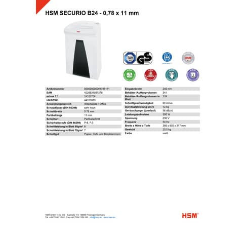 Aktenvernichter B24 0,78x11mm HSM 1785111 Crosscut