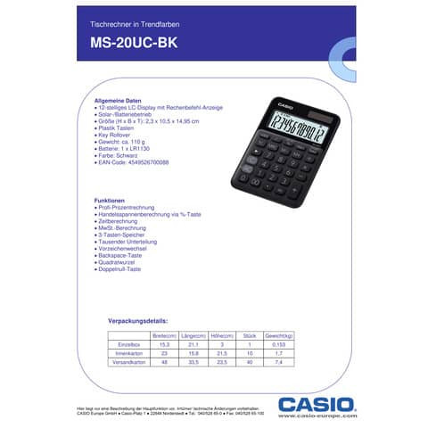 Tischrechner 12-stellig schwarz CASIO MS-20UC-BK