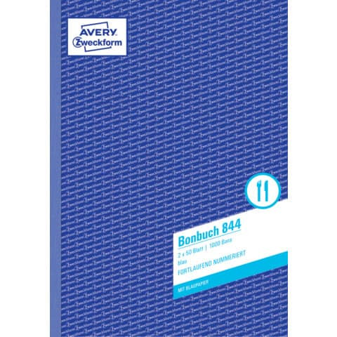 844 Bonbuch, DIN A4, fortlaufend nummeriert, 2 x 50 Blatt, blau, weiß