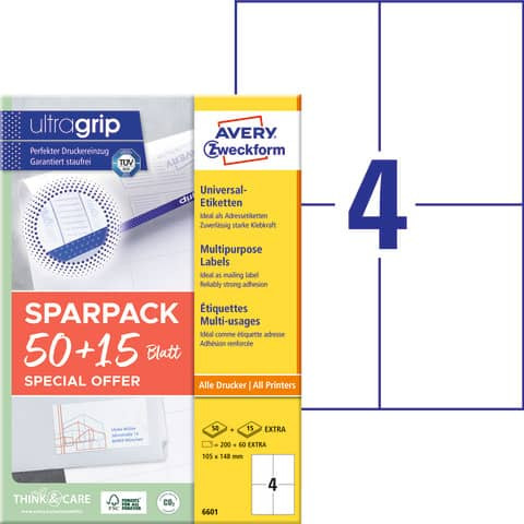 Universaletiketten 105x148mm weiß AVERY ZWECKFORM 6601 A4 mit ultragrip