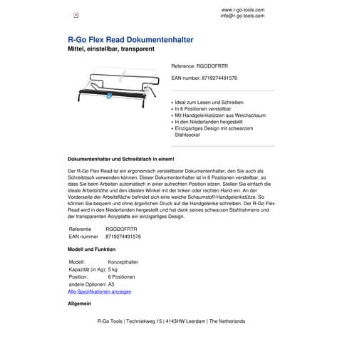 R-Go Flex Read Dokumentenhalter R-GO TOOLS RGODOFRTR einstellbar
