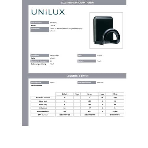 Garderoben-Haken magnet. sw UNILUX 100340762