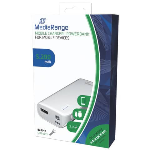 Ladestation Powerbank 5.200 mAh weiß MEDIARANGE MR751 integr.Taschenlampe