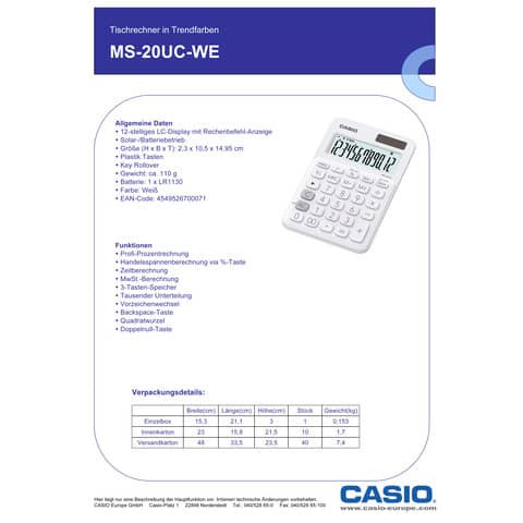 Tischrechner 12-stellig weiß CASIO MS-20UC-WE