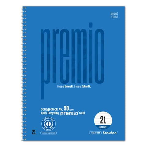 Collegeblock A5 80BL 9mm lin.blau STAUFEN PREMIO 040834021 LIN21