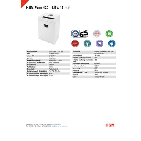 Aktenvernichter Pure 420 weiß HSM 2342111 Part. 1,9x15mm