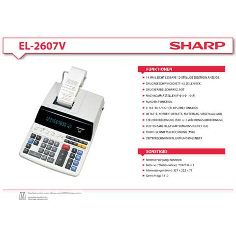 Tischrechner druckend grau SHARP SH-EL2607V 12-stellig