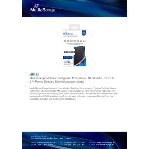 Ladestation Powerbank 10.000mAh m.USB-C MEDIARANGE MR753
