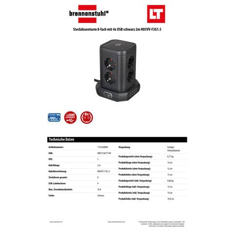 Steckdosenleisten+Schalter 8-fach/4USB BRENNENSTUHL 1153560000 Turm 2m