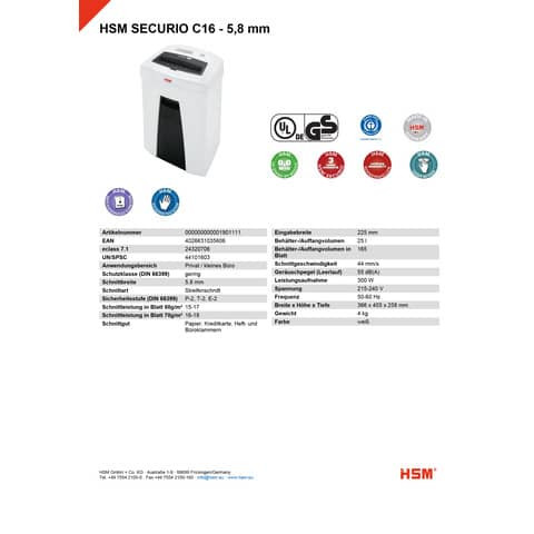 Aktenvernichter SecurioC16 ws HSM 1901111 5,8mm